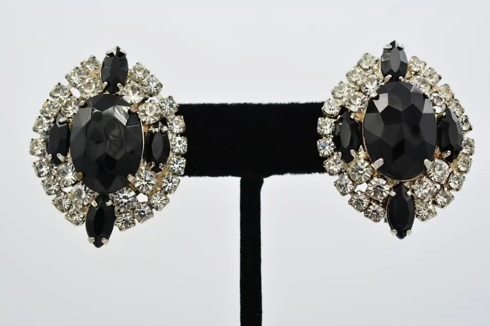 Vintage Black Clear Rhinestone Crystal Cluster Statement Clip On Earrings BinAF